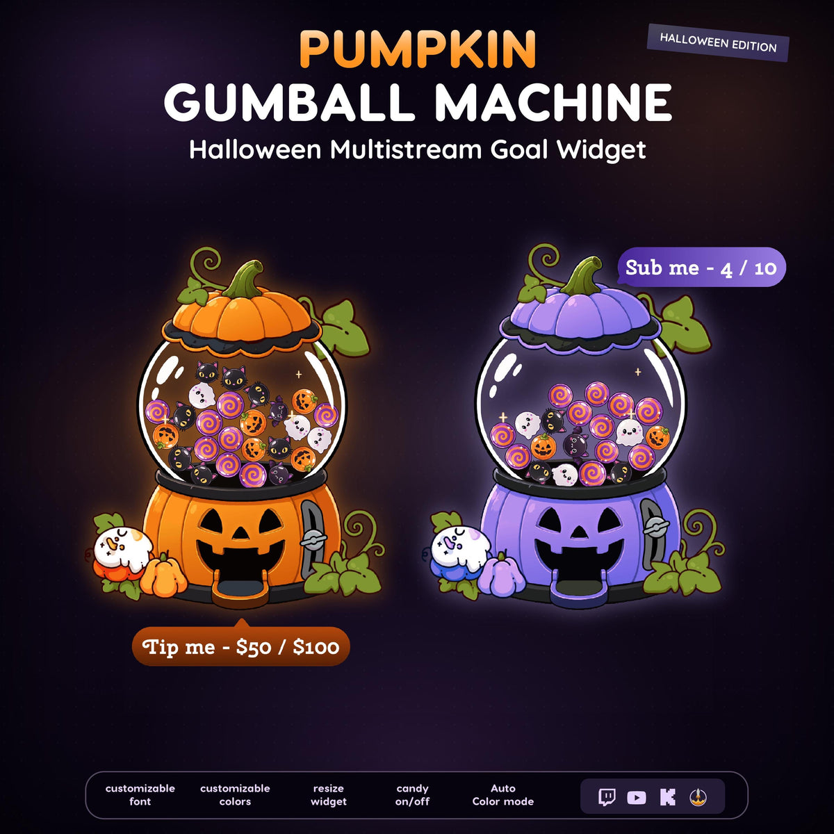 MultiStream Halloween  Pumpkin Candy Jar Machine Goal Widget | Twitch YouTube Kick  Follower Sub Tip Bar | Animated OBS Overlay