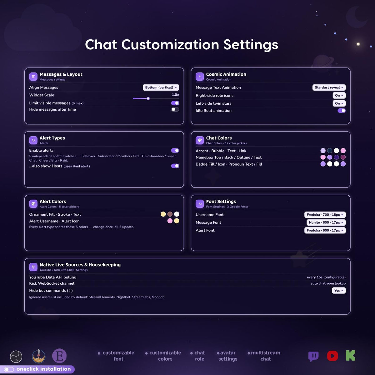 Cosmic Galaxy Multistream Chat Widget, Animated Twitch YouTube Kick Overlay for OBS