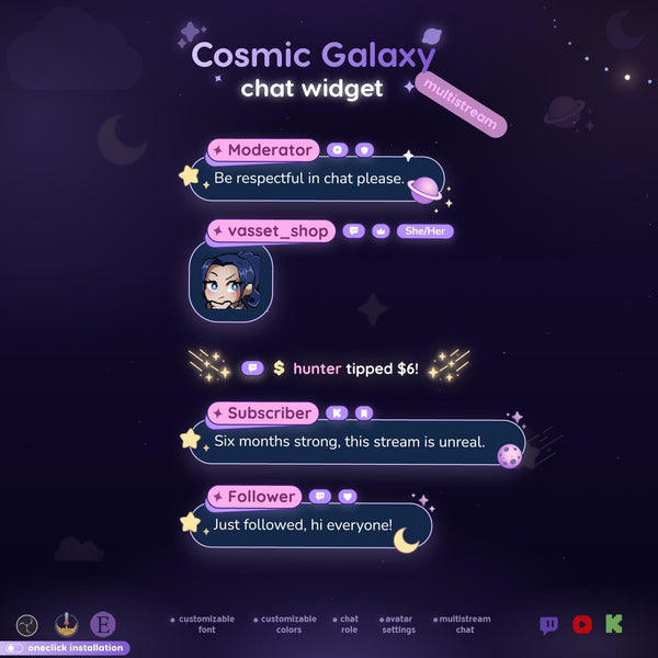 Cosmic Galaxy Multistream Chat Widget, Animated Twitch YouTube Kick Overlay for OBS