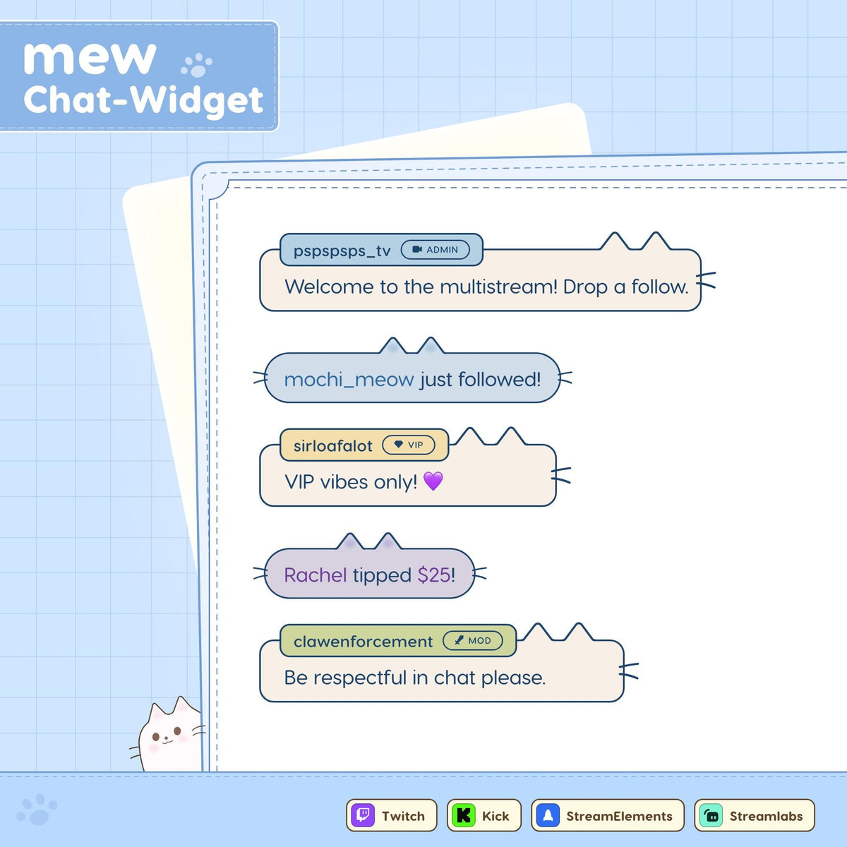 Pastel Cat Chat Widget for Twitch or Kick, StreamElements OBS Overlay, Customizable Alerts