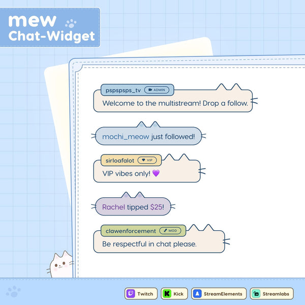 Pastel Cat Chat Widget for Twitch or Kick, StreamElements OBS Overlay, Customizable Alerts