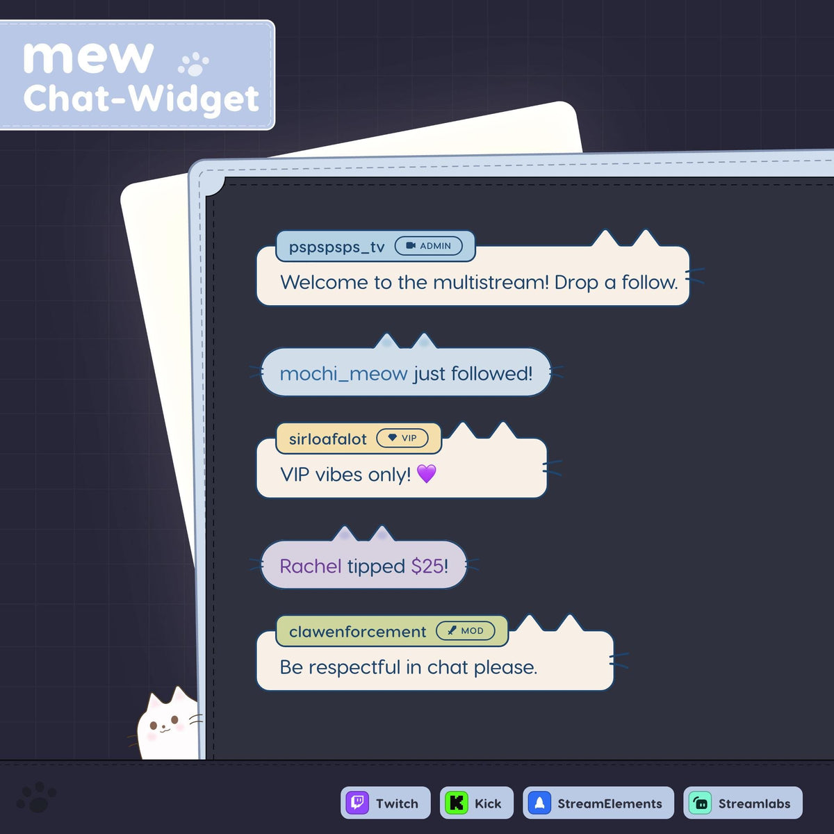 Pastel Cat Chat Widget for Twitch or Kick, StreamElements OBS Overlay, Customizable Alerts