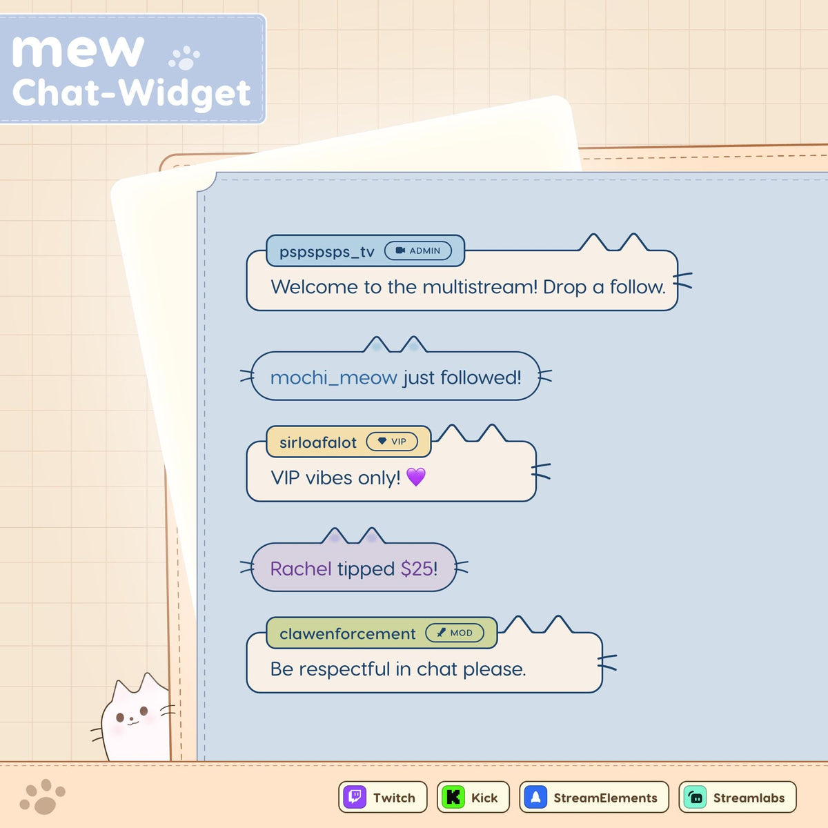 Pastel Cat Chat Widget for Twitch or Kick, StreamElements OBS Overlay, Customizable Alerts