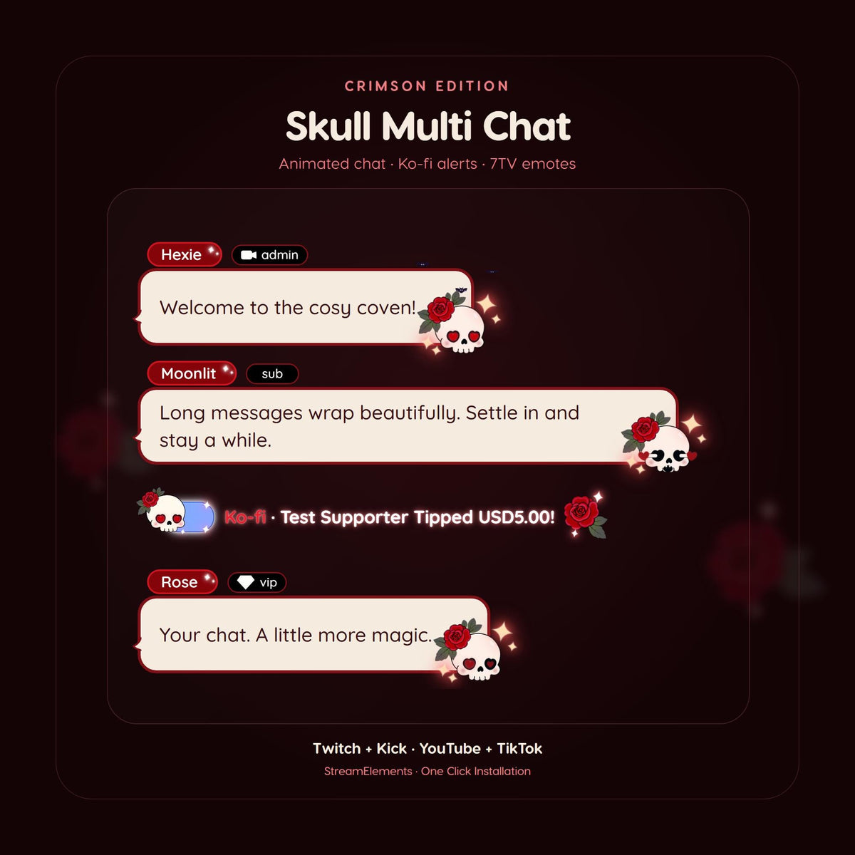 Halloween Multichat Skull Widget for Twitch & Kick, Throne, Ko-fi Alerts, 7TV Emotes, StreamElements OBS