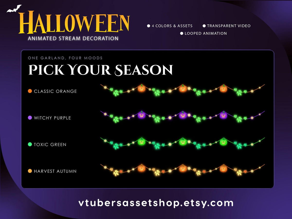 Halloween Stream Decorations - Animated Pumpkin Garland & Centerpiece - Twitch Overlay - VTuber Stream Decor - WEBM Files