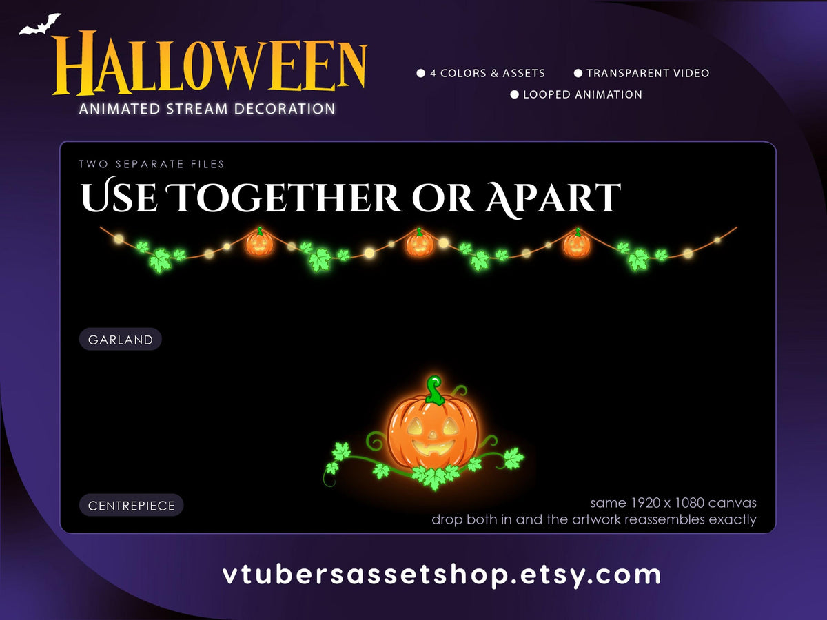 Halloween Stream Decorations - Animated Pumpkin Garland & Centerpiece - Twitch Overlay - VTuber Stream Decor - WEBM Files