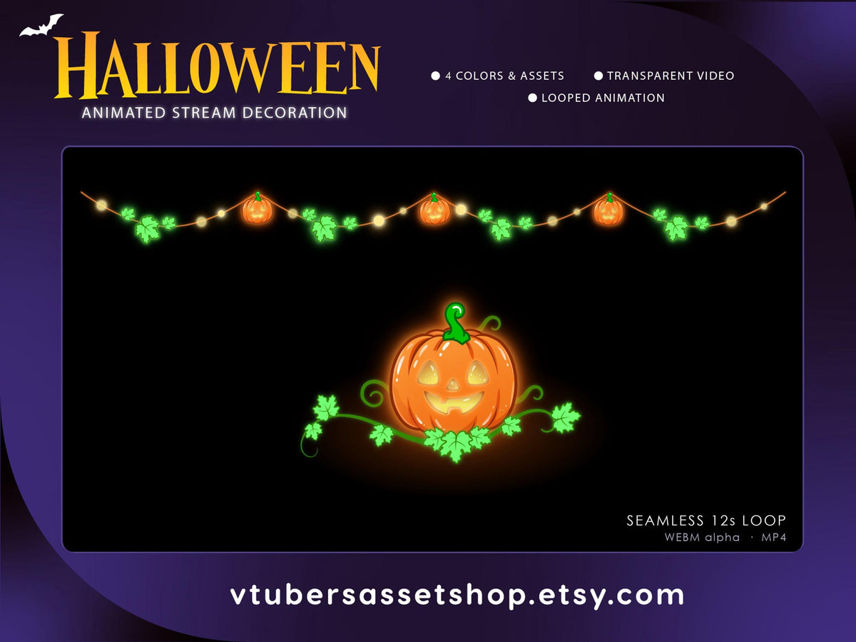 Halloween Stream Decorations - Animated Pumpkin Garland & Centerpiece - Twitch Overlay - VTuber Stream Decor - WEBM Files