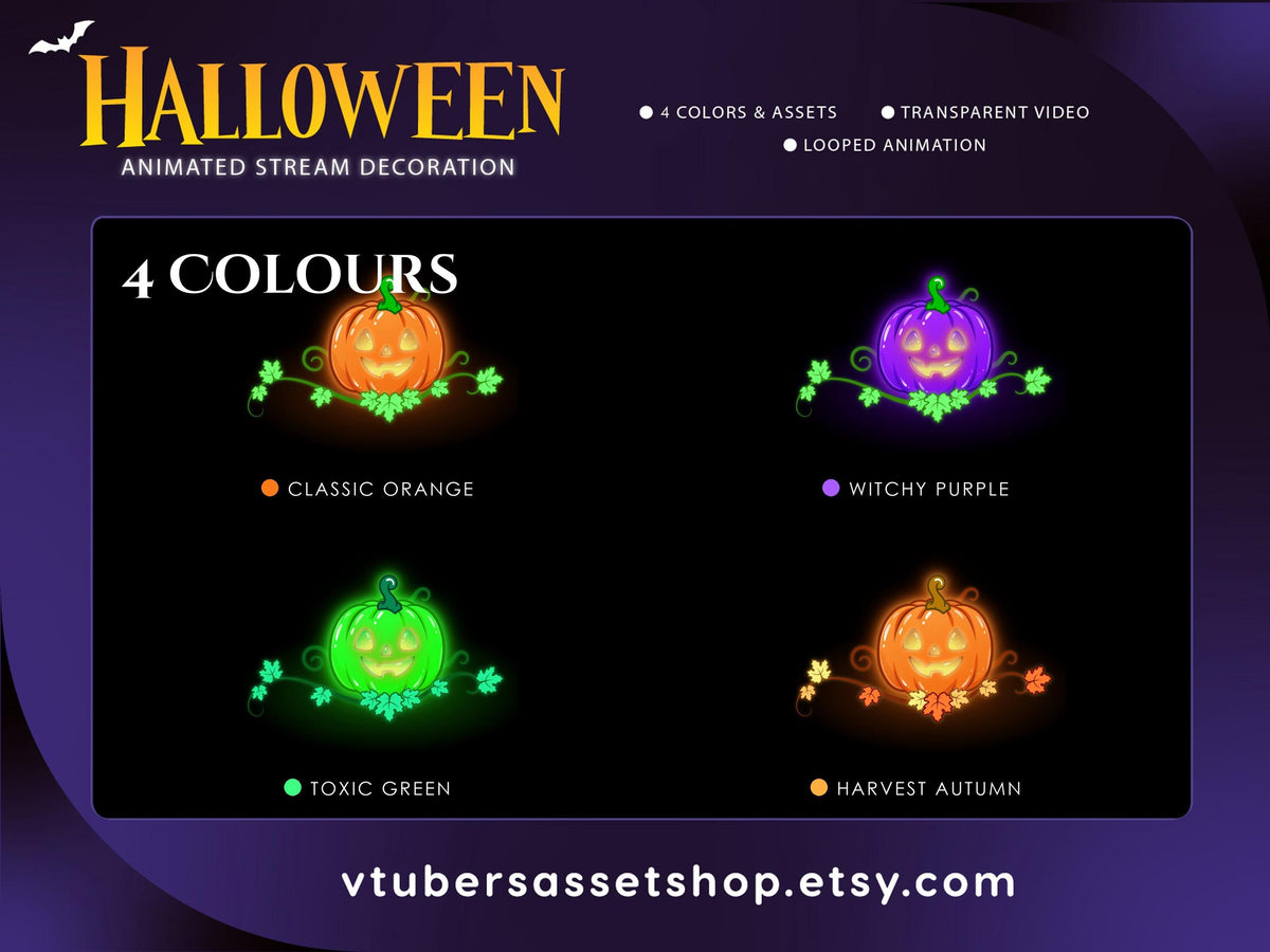 Halloween Stream Decorations - Animated Pumpkin Garland & Centerpiece - Twitch Overlay - VTuber Stream Decor - WEBM Files