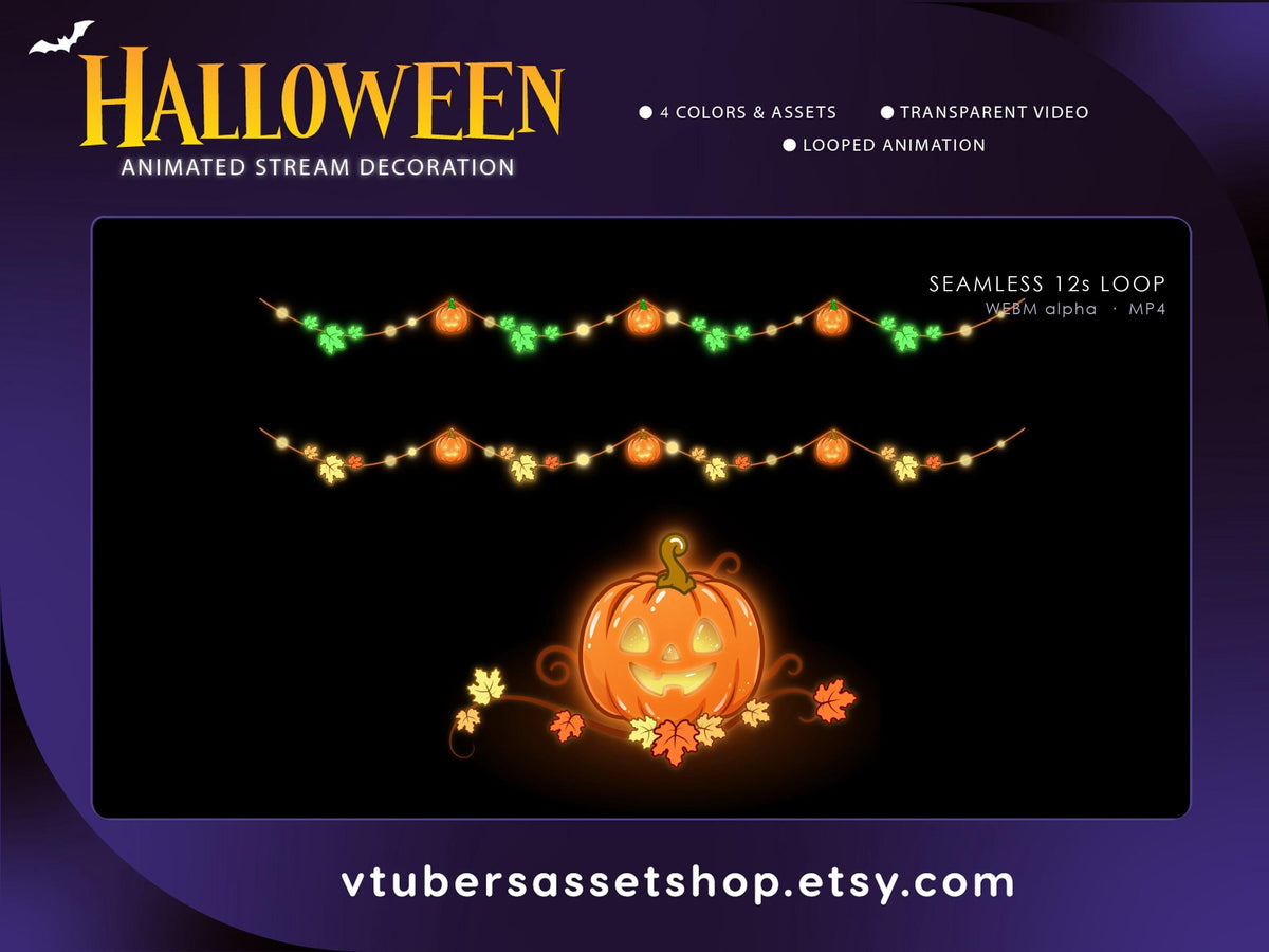 Halloween Stream Decorations - Animated Pumpkin Garland & Centerpiece - Twitch Overlay - VTuber Stream Decor - WEBM Files