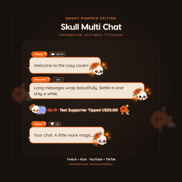Multichat Halloween Skull Widget for Twitch & Kick, Throne, Ko-fi Alerts, 7TV Emotes, StreamElements OBS