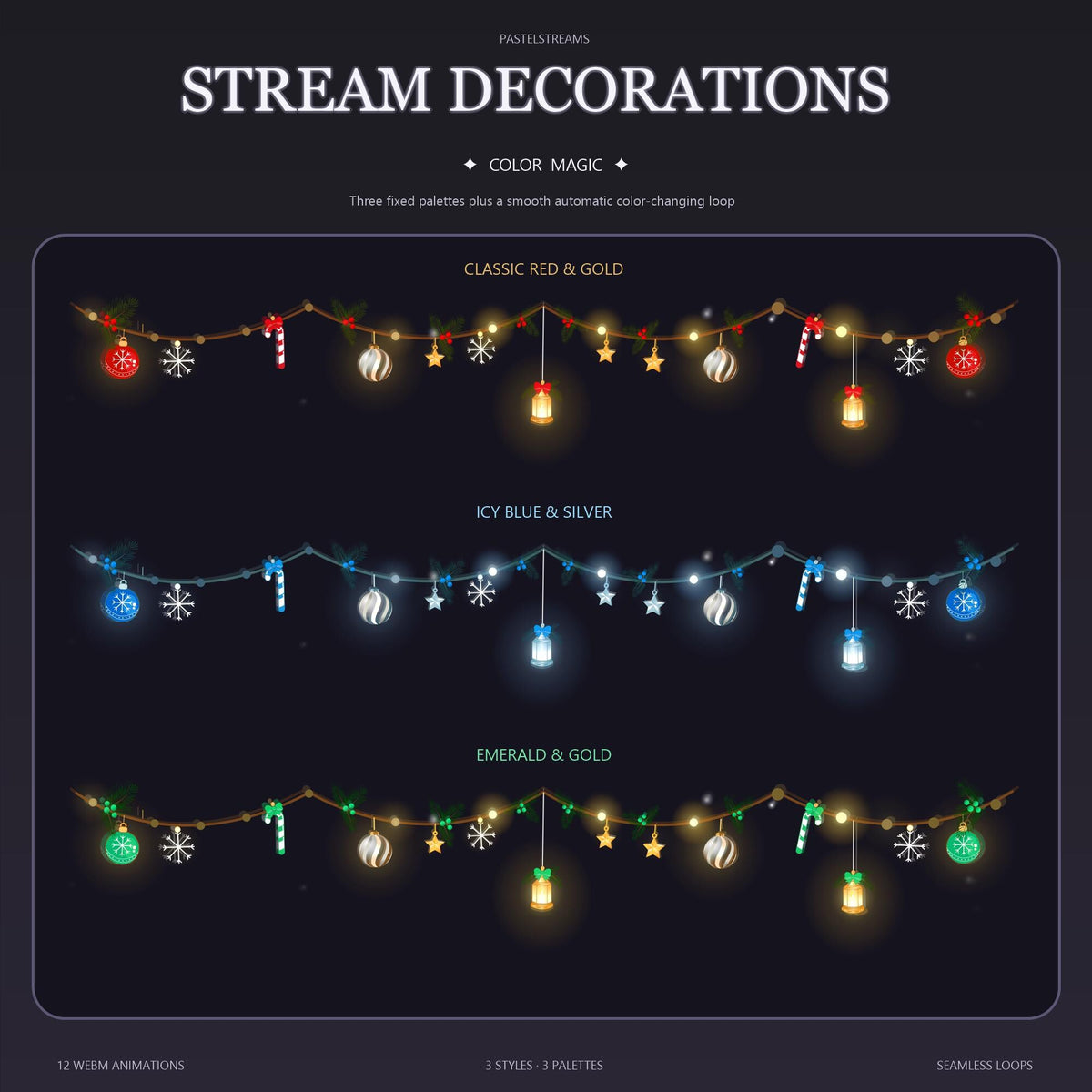 Christmas Stream Decorations Bundle, Animated OBS Overlay, 12 WebM Loops, Twitch YouTube Holiday Lights, Transparent Garland