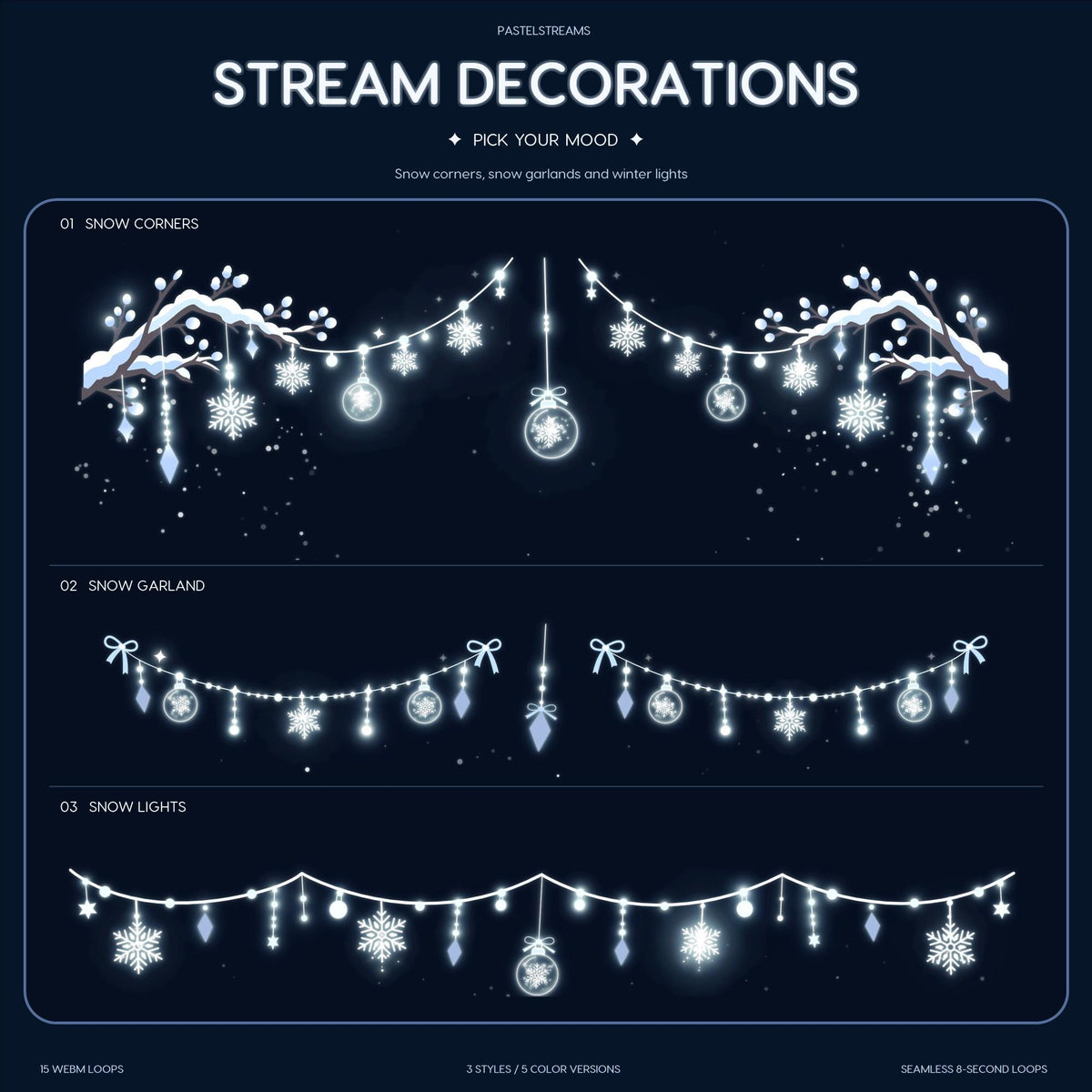 Winter Animated Twitch Stream Decorations, Snow Garland & Snowflake Lights for OBS, 15 Seamless WebM Overlay Loops (Digital Download)