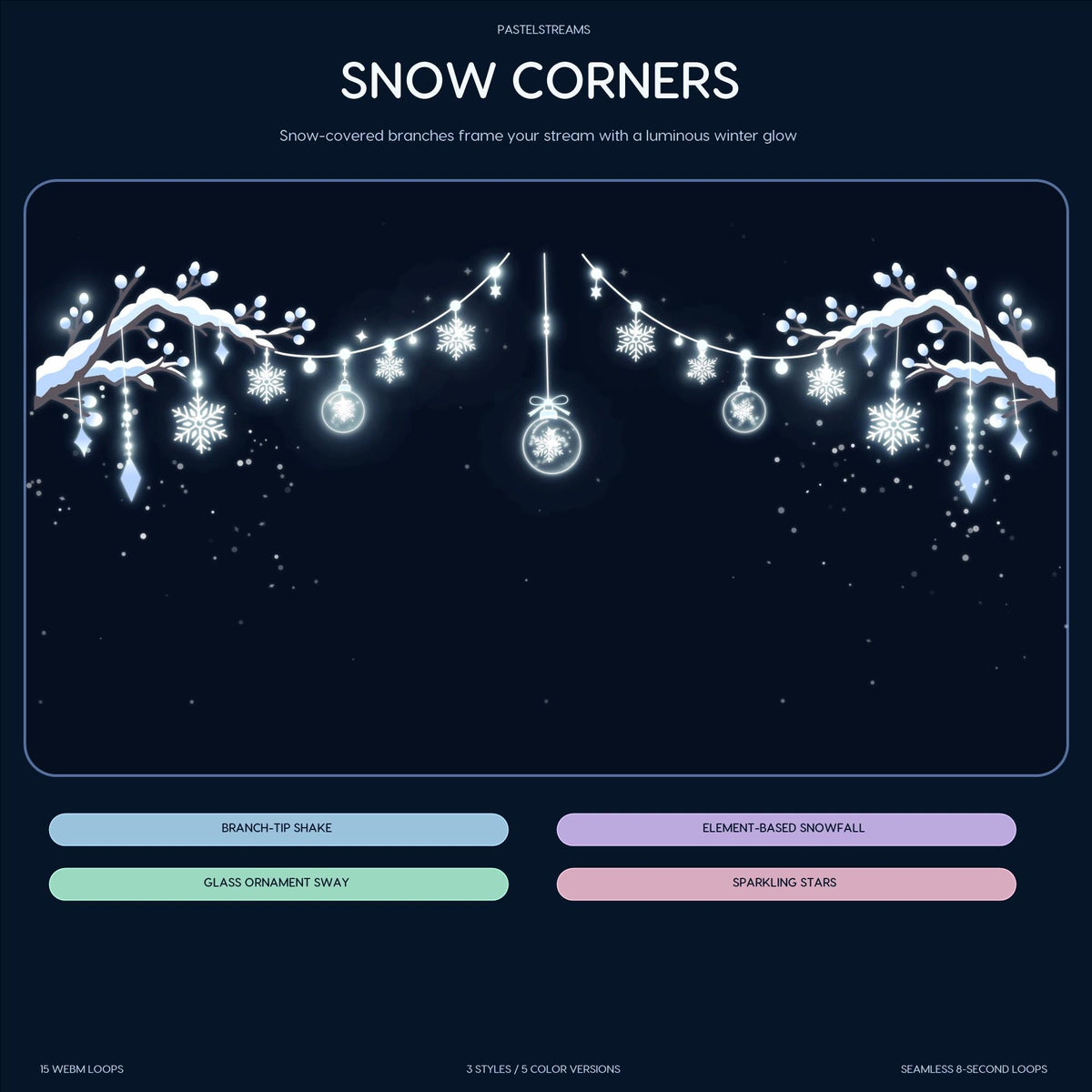 Winter Animated Twitch Stream Decorations, Snow Garland & Snowflake Lights for OBS, 15 Seamless WebM Overlay Loops (Digital Download)