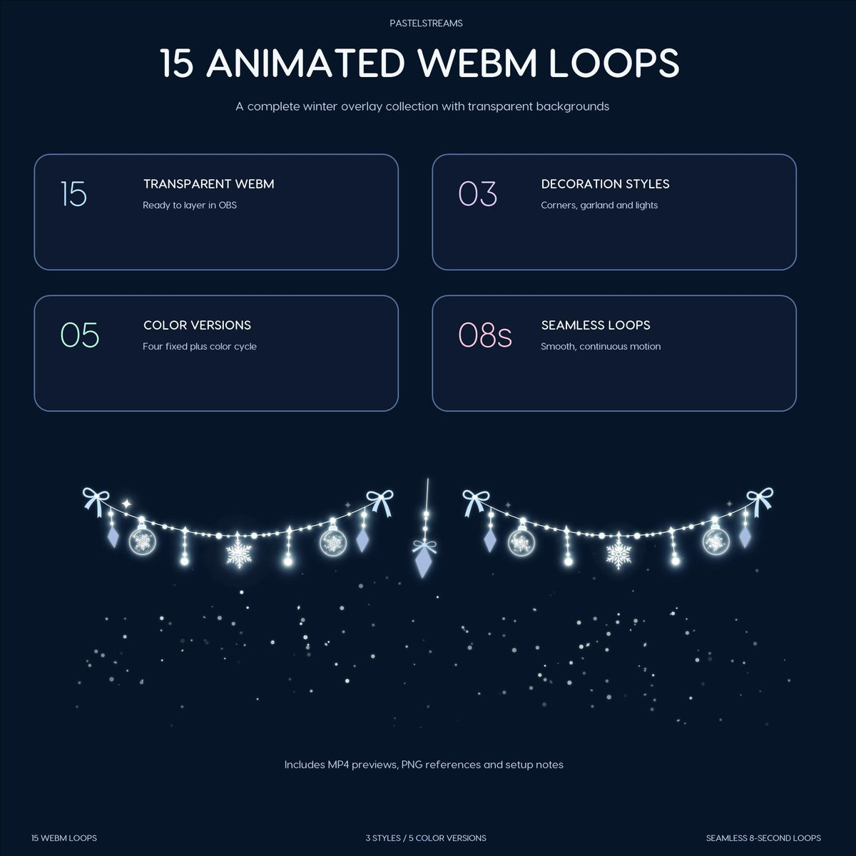 Winter Animated Twitch Stream Decorations, Snow Garland & Snowflake Lights for OBS, 15 Seamless WebM Overlay Loops (Digital Download)