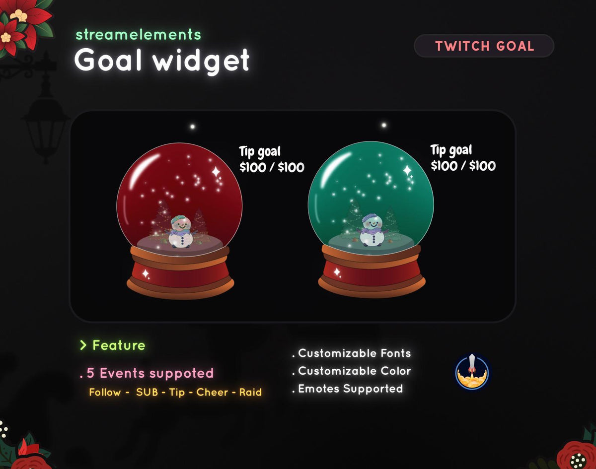 Christmas Twitch Goal Widget for StreamElements, Animated Snow Globe OBS Overlay