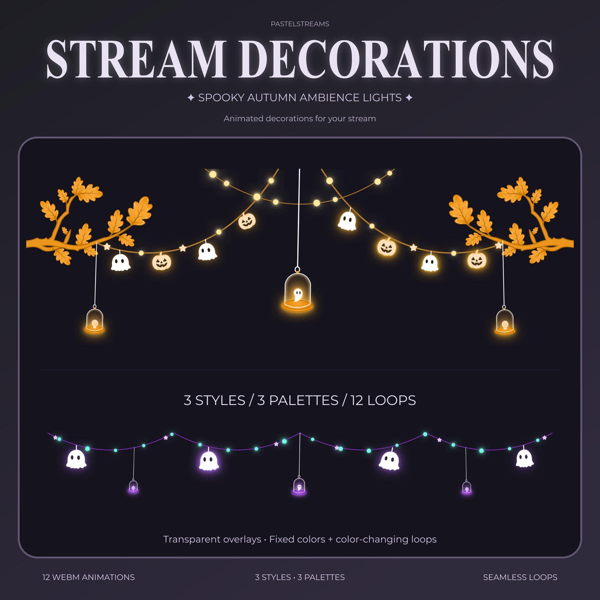 Halloween Animated Twitch Stream Decorations, Spooky Autumn Ambience Lights for OBS, Animated Ghost & Pumpkin Overlay (digital download)