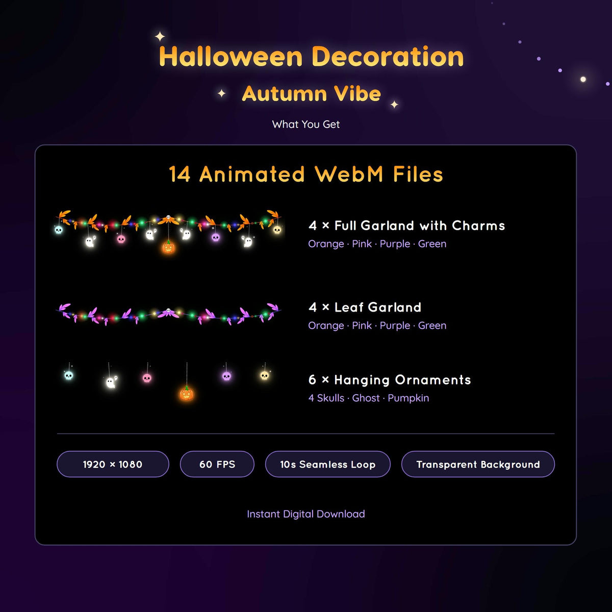 Halloween Stream Decoration | Animated String Light Garland | Ghost Skull Pumpkin | Autumn Twitch Overlay | Vtubers Assets