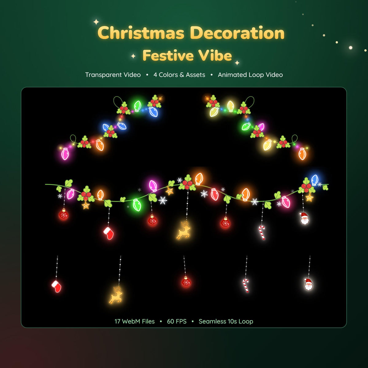 Christmas Stream Decoration | Animated String Light Garland | Corner Border, Santa Reindeer Twitch Overlay | Vtubers Assets