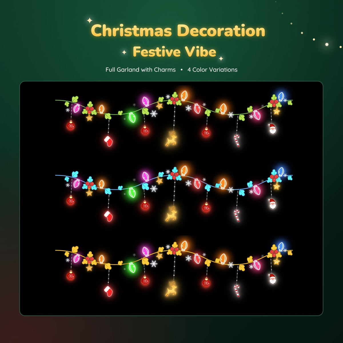 Christmas Stream Decoration | Animated String Light Garland | Corner Border, Santa Reindeer Twitch Overlay | Vtubers Assets