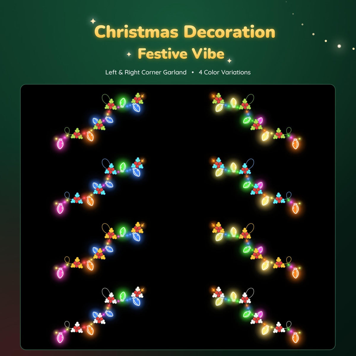 Christmas Stream Decoration | Animated String Light Garland | Corner Border, Santa Reindeer Twitch Overlay | Vtubers Assets