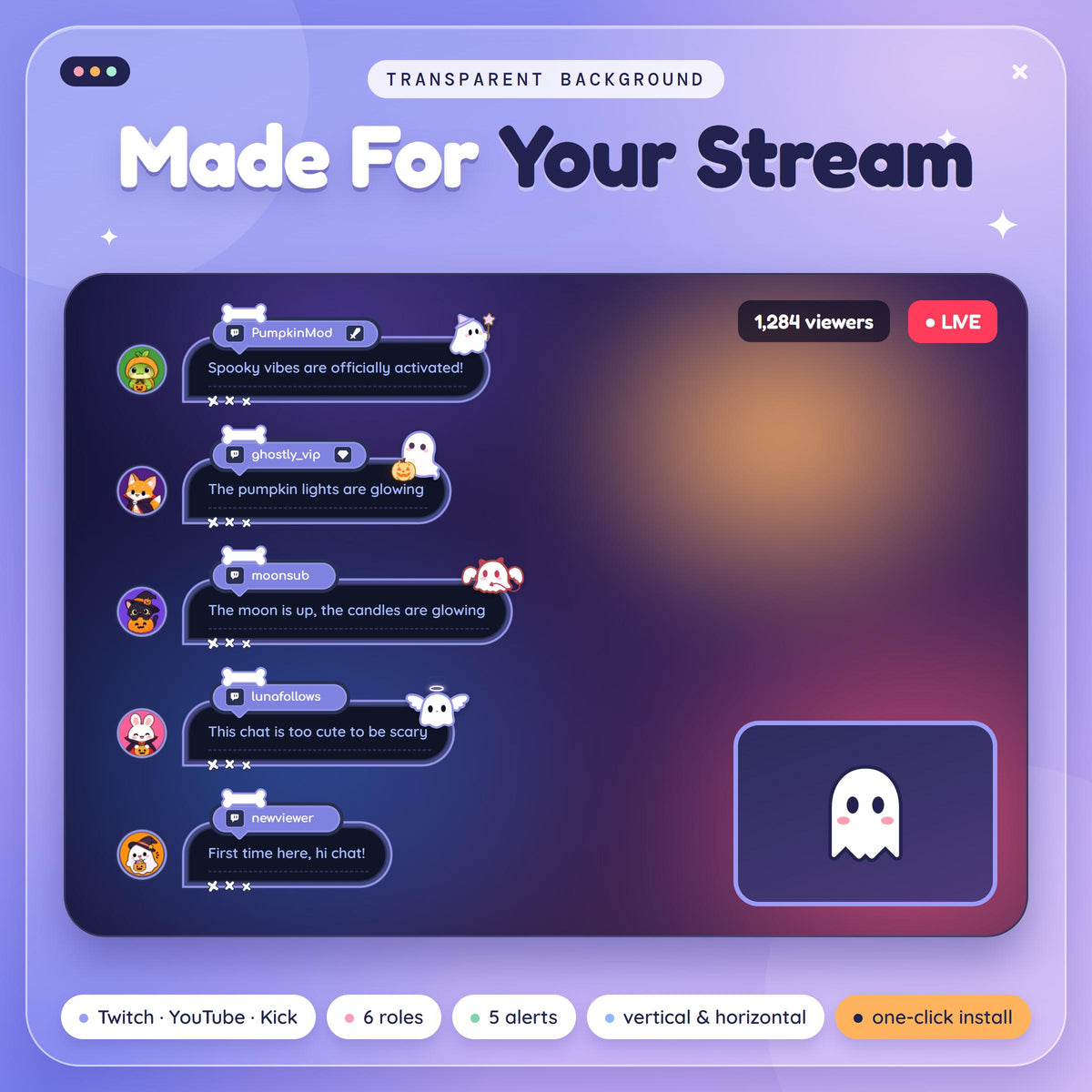 Spooky Ghost Chat Widget for Twitch YouTube Kick, Halloween Multistream Chat Box, StreamElements OBS