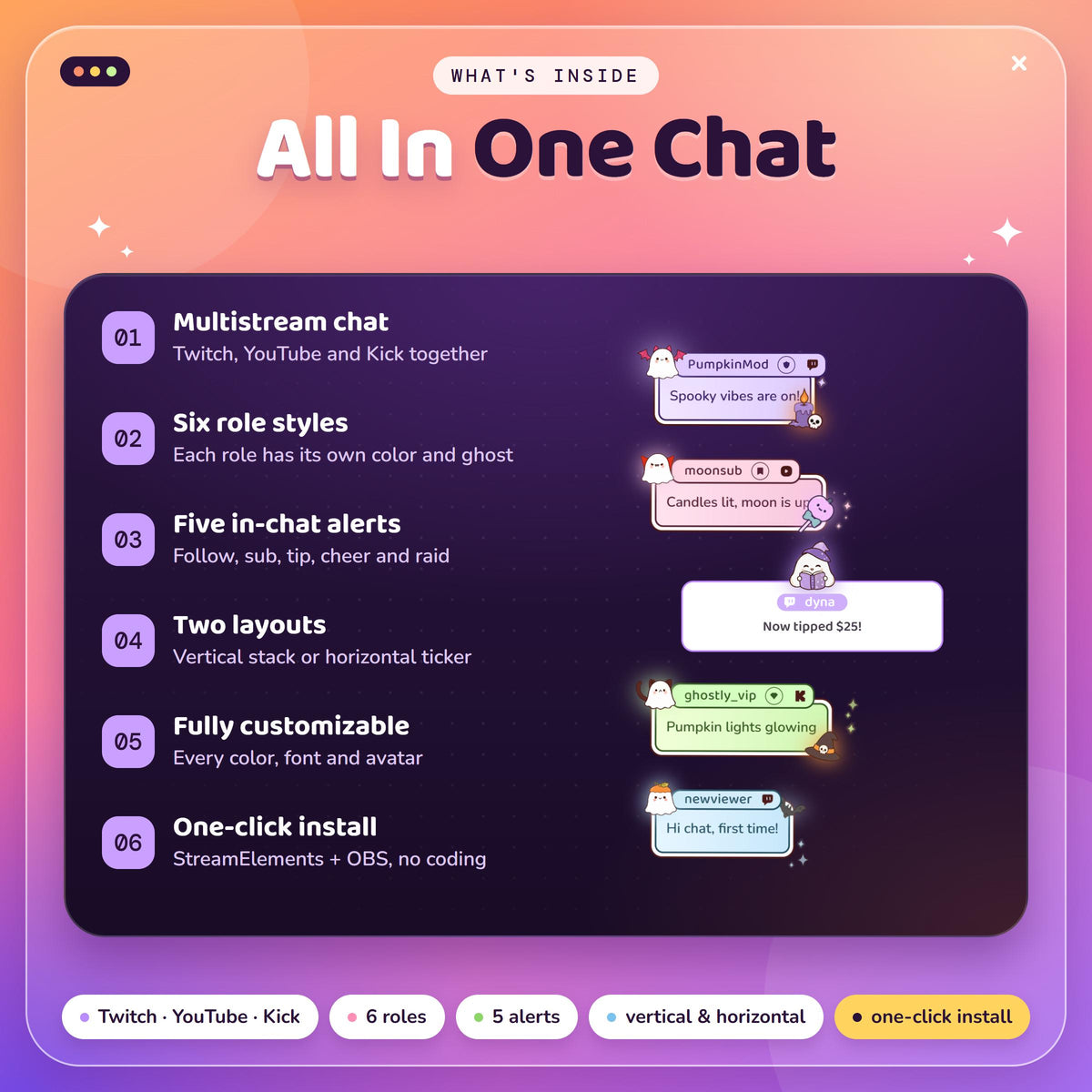 Pastel Halloween Chat Widget for Twitch YouTube Kick, Ghost Multistream Chat Box, StreamElements OBS
