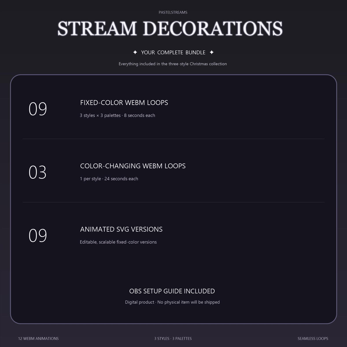 Christmas Stream Decorations Bundle, Animated OBS Overlay, 12 WebM Loops, Twitch YouTube Holiday Lights, Transparent Garland