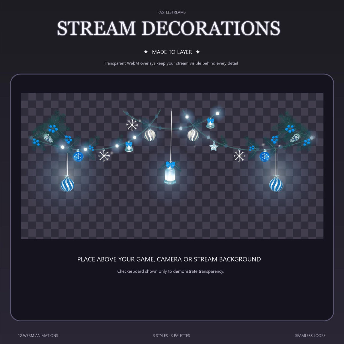 Christmas Stream Decorations Bundle, Animated OBS Overlay, 12 WebM Loops, Twitch YouTube Holiday Lights, Transparent Garland