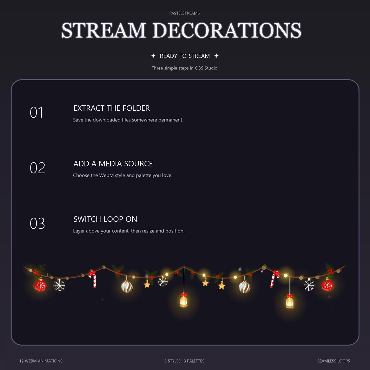 Christmas Stream Decorations Bundle, Animated OBS Overlay, 12 WebM Loops, Twitch YouTube Holiday Lights, Transparent Garland