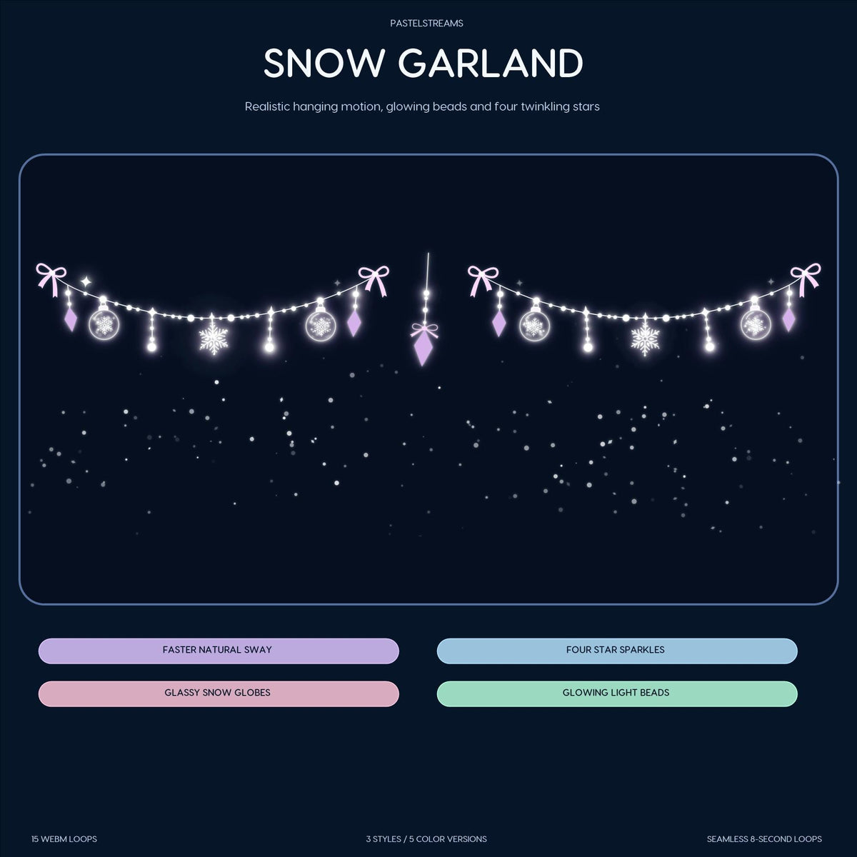 Winter Animated Twitch Stream Decorations, Snow Garland & Snowflake Lights for OBS, 15 Seamless WebM Overlay Loops (Digital Download)