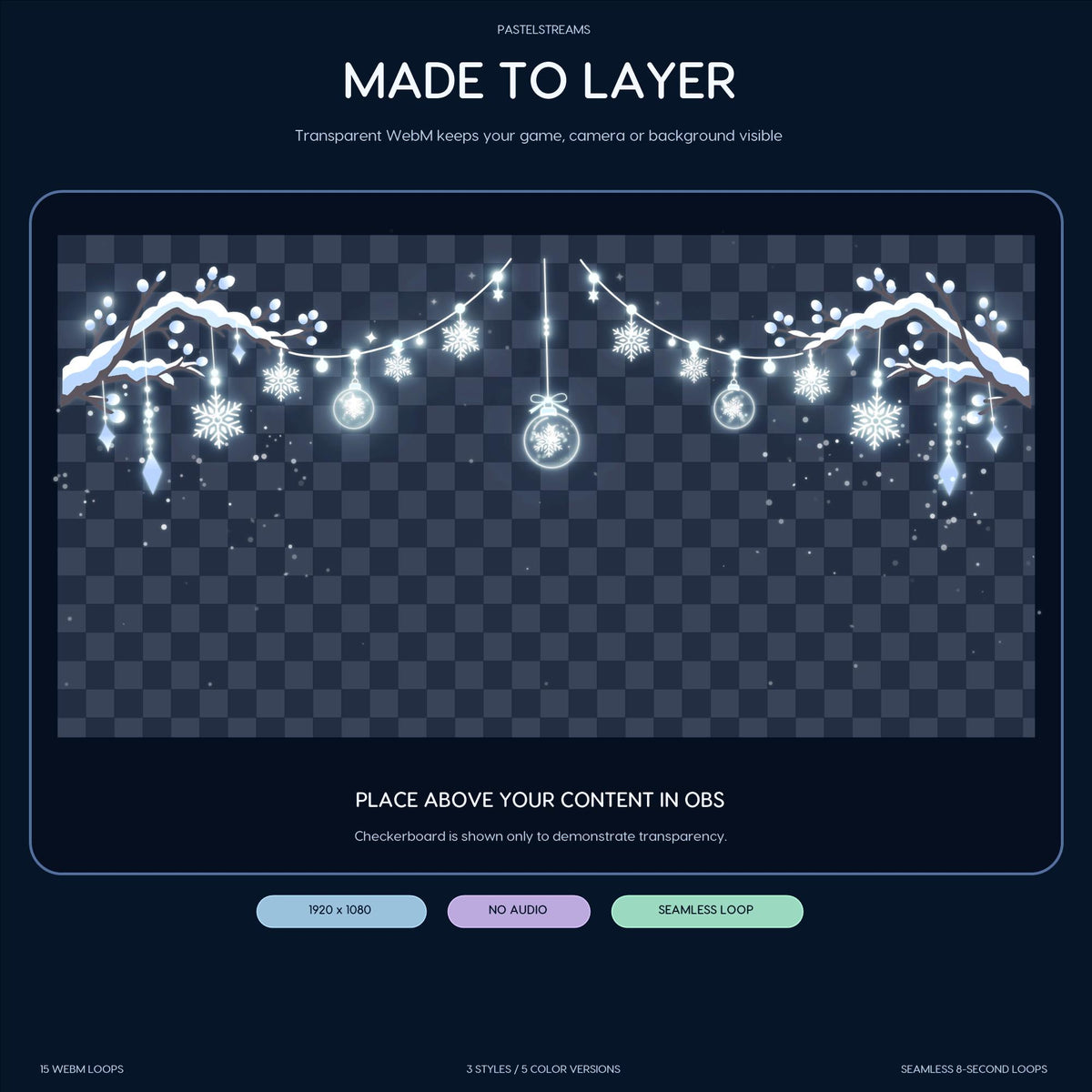 Winter Animated Twitch Stream Decorations, Snow Garland & Snowflake Lights for OBS, 15 Seamless WebM Overlay Loops (Digital Download)