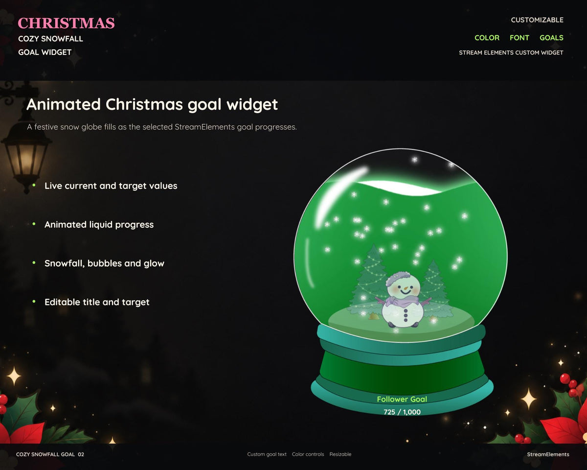 Christmas Twitch Goal Widget for StreamElements, Animated Snow Globe OBS Overlay