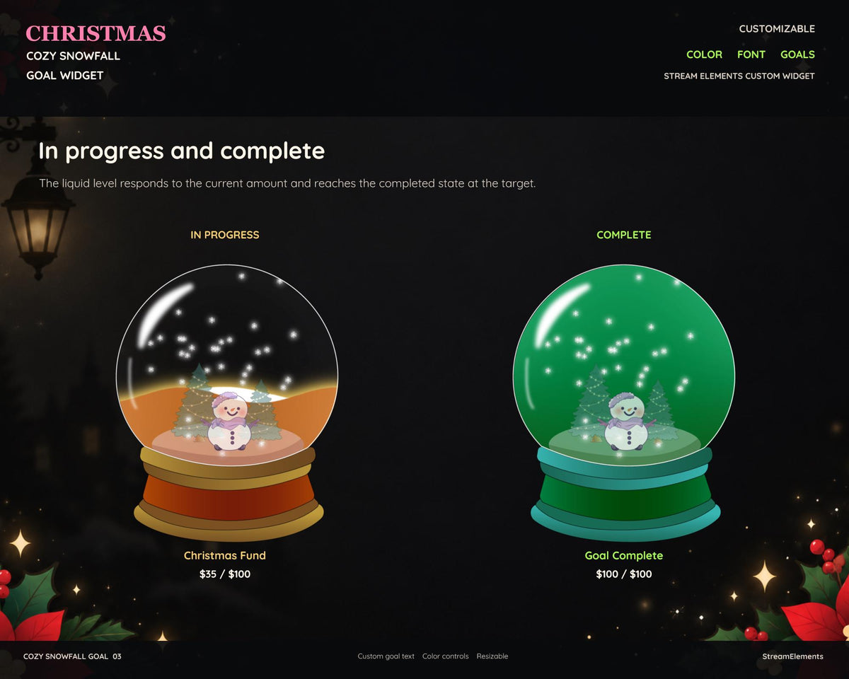 Christmas Twitch Goal Widget for StreamElements, Animated Snow Globe OBS Overlay