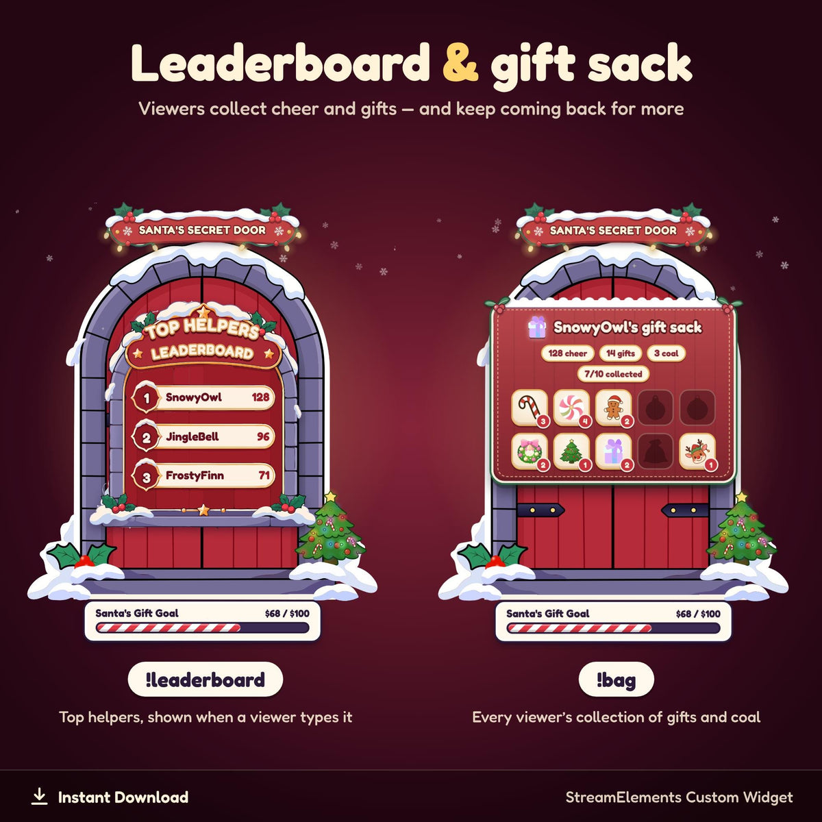Christmas Twitch Widget, Naughty or Nice Chat Game & Goal, Santa's Secret Door Overlay StreamElements