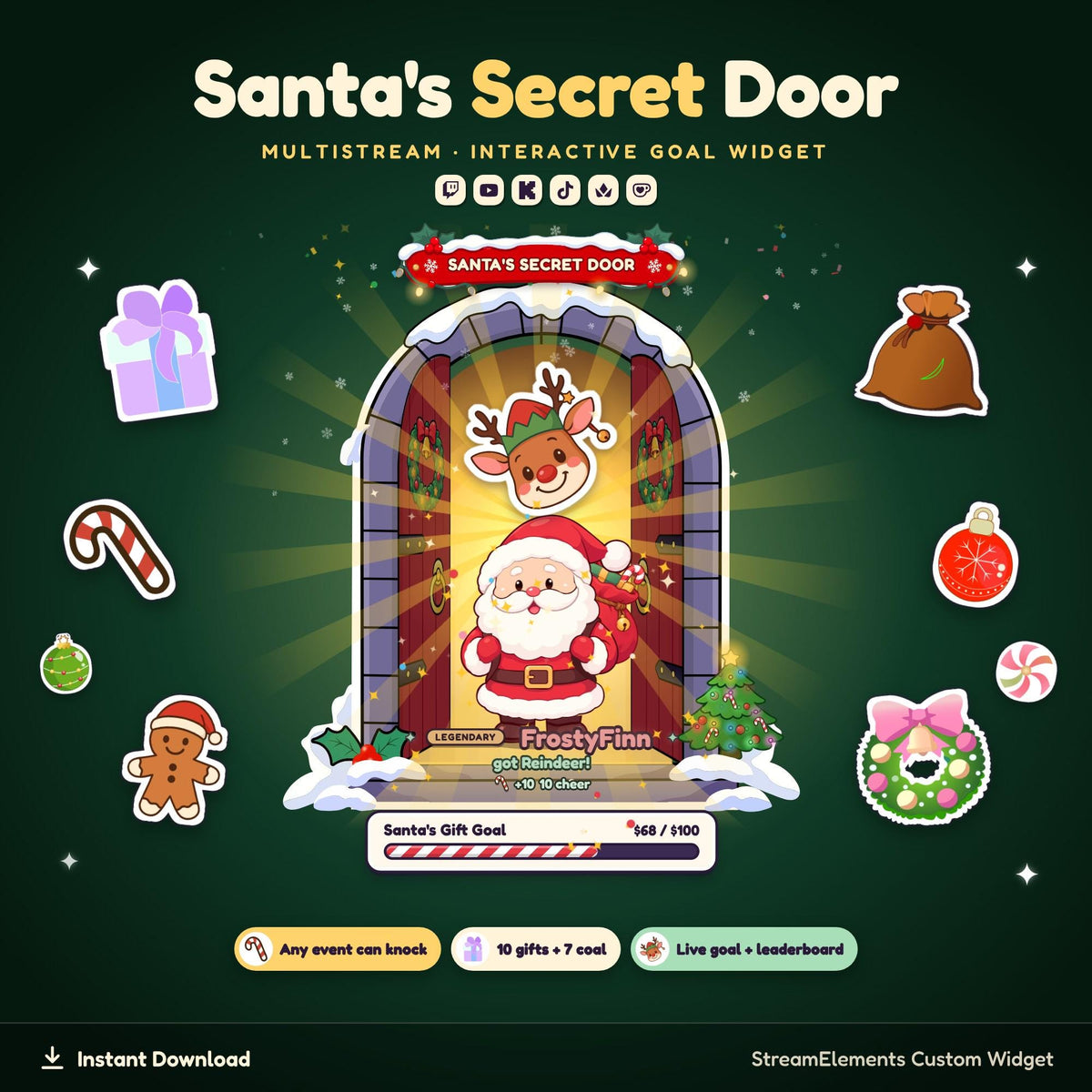 Christmas Twitch Widget, Naughty or Nice Chat Game & Goal, Santa's Secret Door Overlay StreamElements