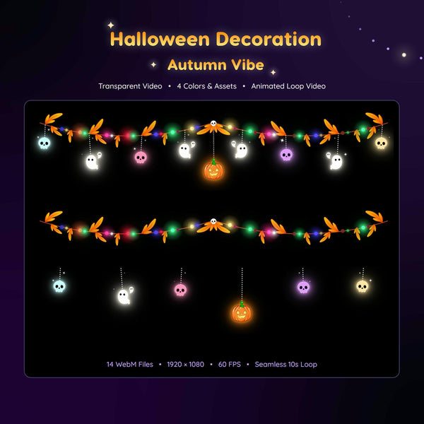 Halloween Stream Decoration | Animated String Light Garland | Ghost Skull Pumpkin | Autumn Twitch Overlay | Vtubers Assets