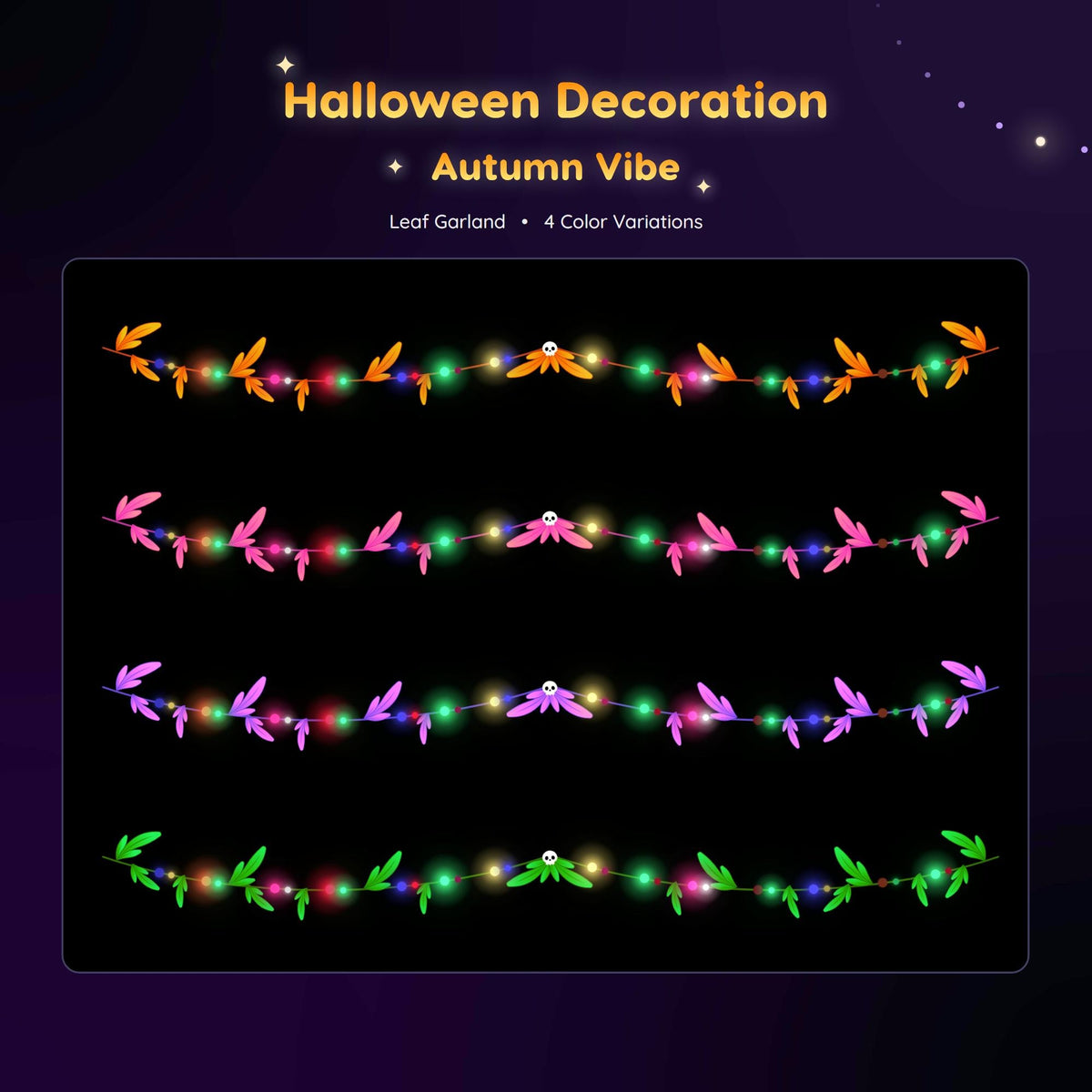 Halloween Stream Decoration | Animated String Light Garland | Ghost Skull Pumpkin | Autumn Twitch Overlay | Vtubers Assets