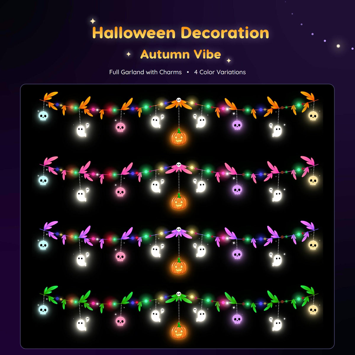 Halloween Stream Decoration | Animated String Light Garland | Ghost Skull Pumpkin | Autumn Twitch Overlay | Vtubers Assets