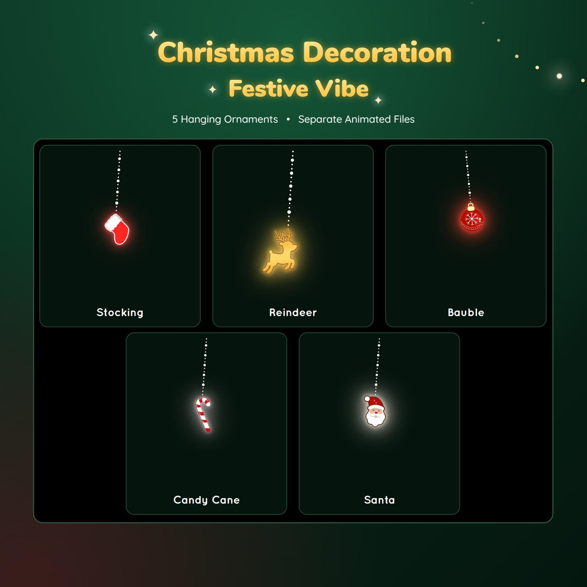 Christmas Stream Decoration | Animated String Light Garland | Corner Border, Santa Reindeer Twitch Overlay | Vtubers Assets