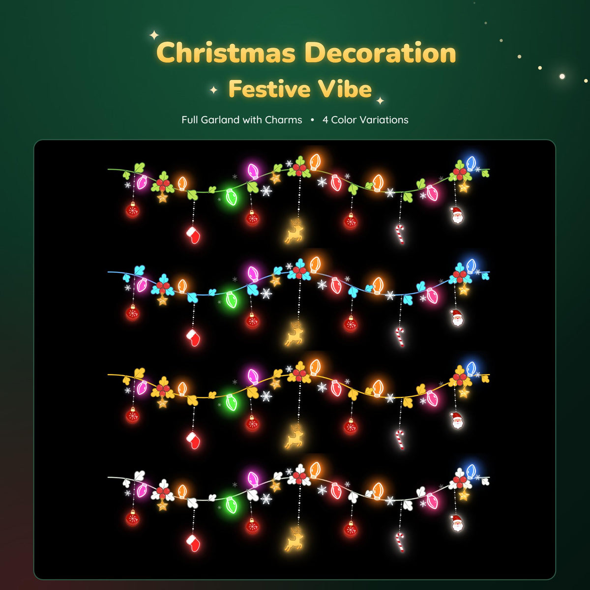 Christmas Stream Decoration | Animated String Light Garland | Corner Border, Santa Reindeer Twitch Overlay | Vtubers Assets