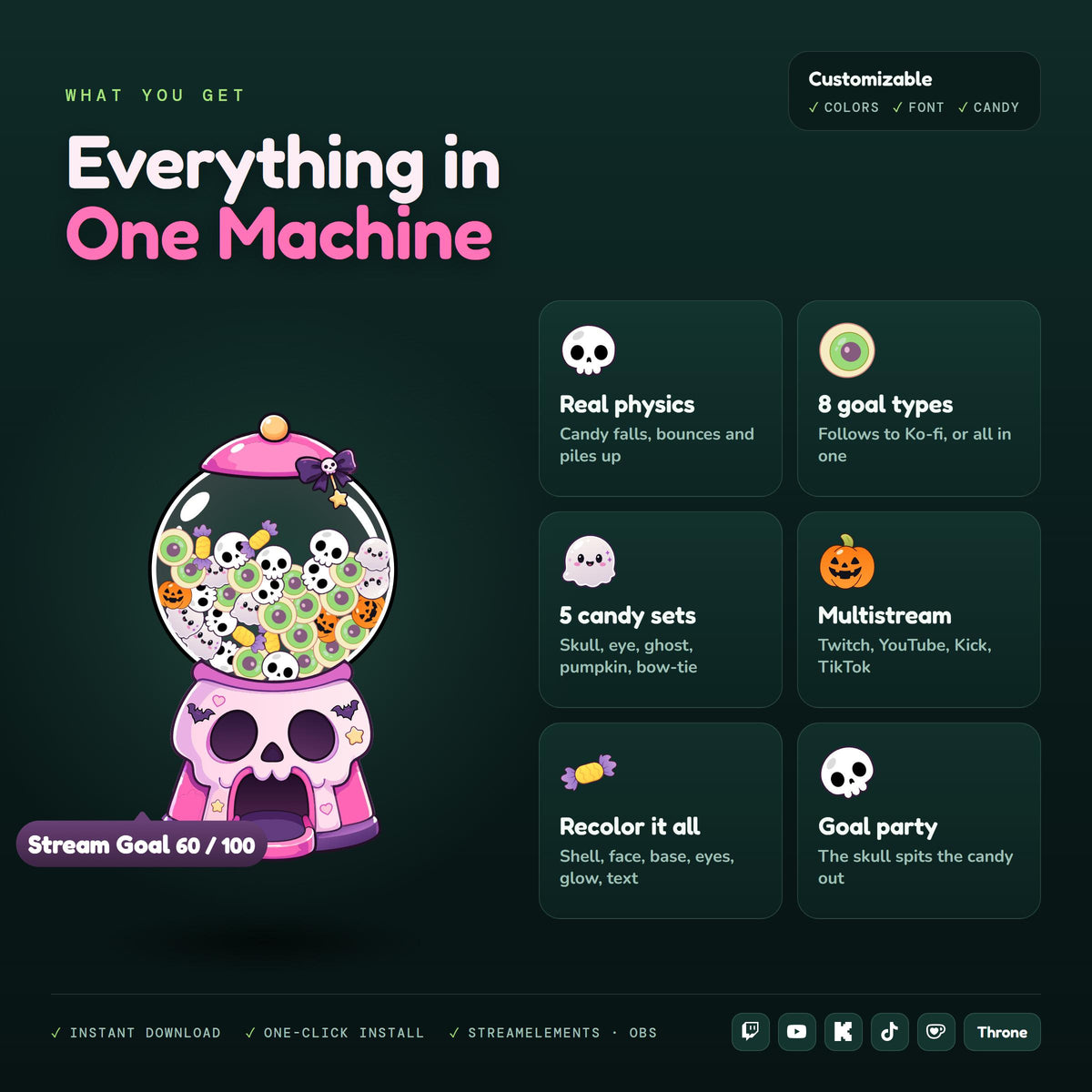 Skull Gumball Machine Goal Widget for Twitch YouTube Kick TikTok, Halloween Sub Goal with Candy Physics, StreamElements OBS