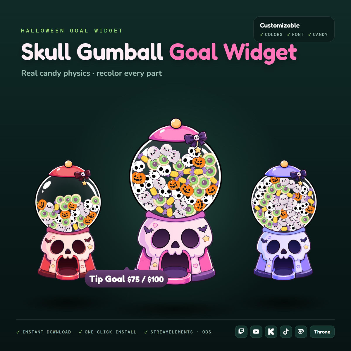 Skull Gumball Machine Goal Widget for Twitch YouTube Kick TikTok, Halloween Sub Goal with Candy Physics, StreamElements OBS