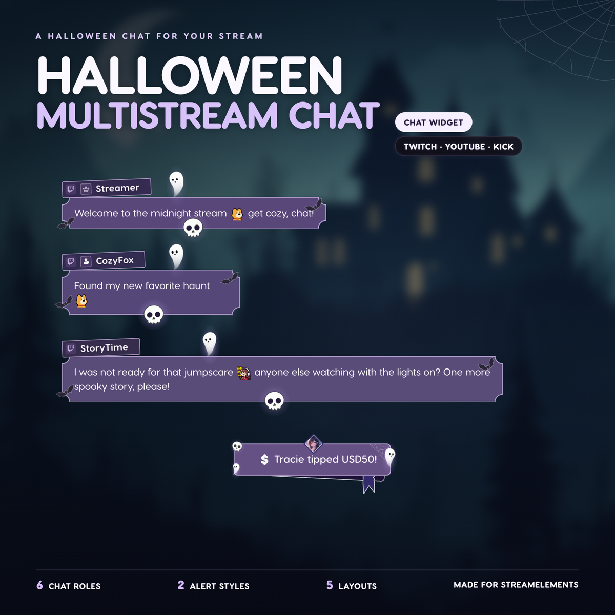 Halloween Chat Widget for Twitch YouTube Kick ⟢ Spooky Ghost Bat Animated Chat Overlay ⟢ StreamElements OBS ⟢ Cute Purple Stream Decor